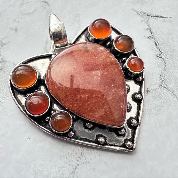 Heart Pendant Red Aventurine And Carnelian Agate Gemstones Silver Tone 3331 - Picture 6 of 9
